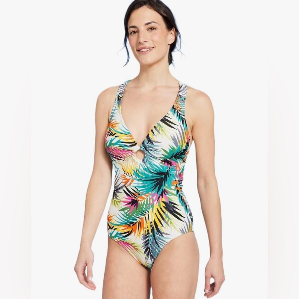 NWT Shade & Shore Women's Plunge Ring Detail One Piece Swimsuit -Size Large